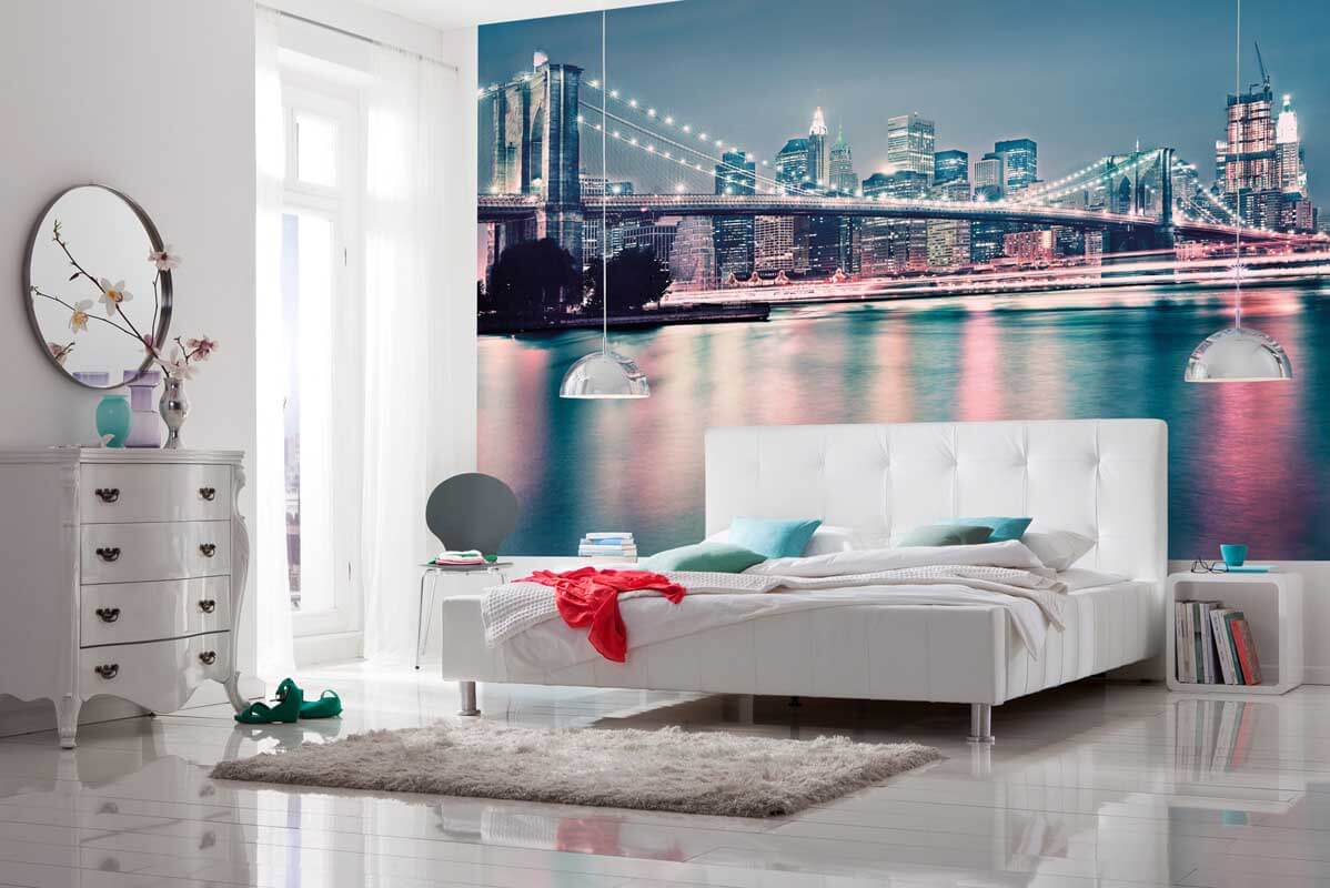 city scene wallpaper in a bedroom